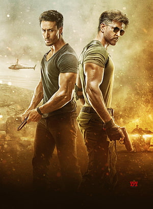 Hrithik Roshan and Tiger Shroff in Action Movie Poster with Firearms and Helicopter HD phone wallpaper