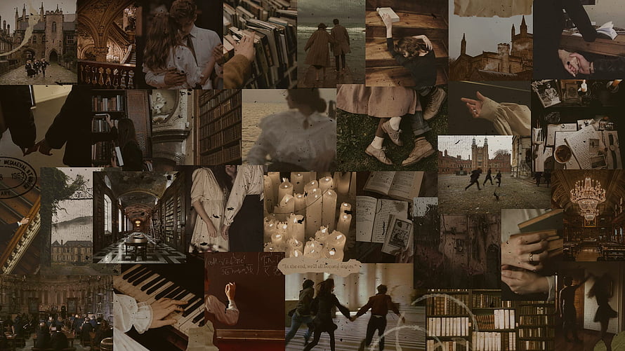 Dark Academia Aesthetic Collage Featuring Vintage Books, Gothic Architecture, and Sepia Toned Scenes HD wallpaper