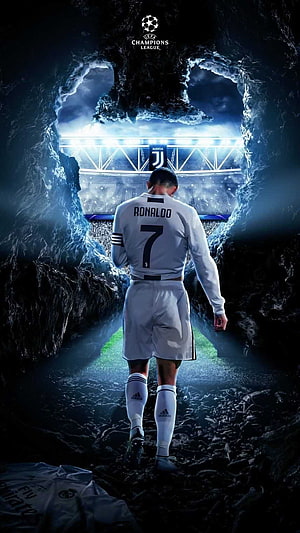 Cristiano Ronaldo Walking Through a Dark Cave Toward a Stadium in a White Juventus Kit HD phone wallpaper