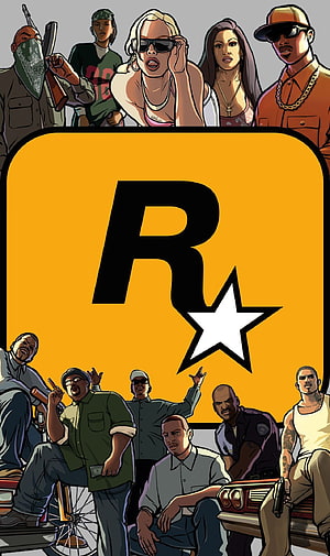 GTA San Andreas Comic Style Character Group and Rockstar Logo Wallpaper HD phone wallpaper