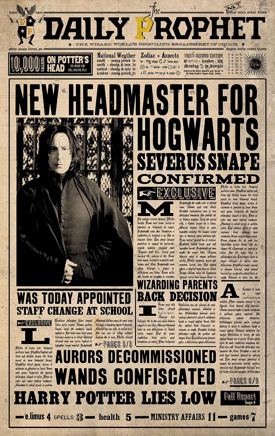 Daily Prophet Front Page Featuring Severus Snape as New Hogwarts Headmaster HD phone wallpaper