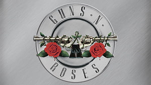 Guns N' Roses Classic Logo With Revolvers and Red Roses on Brushed Metal Background HD wallpaper