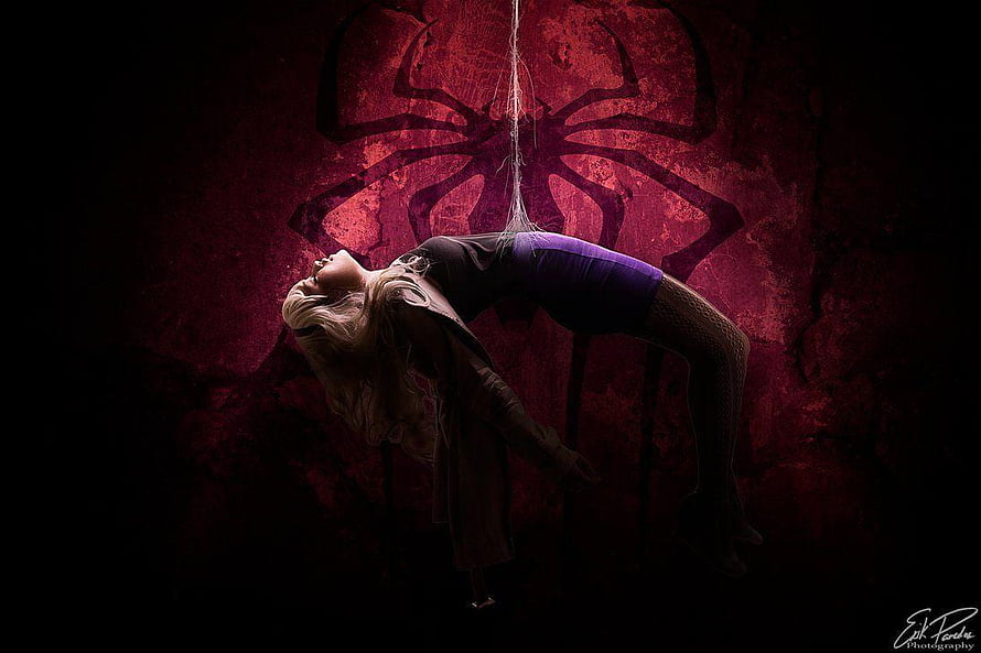 Gwen Stacy Spider-Man Web Swing Concept Art with Red Spider Symbol Background HD wallpaper