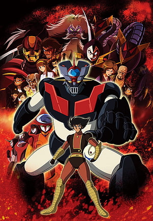 Mazinger Z Anime Poster Featuring Giant Robot and Pilot in Dramatic Red and Black Action Scene HD phone wallpaper