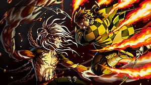 Demon Slayer Anime Battle Scene: Rengoku and Akaza in Intense Combat HD wallpaper