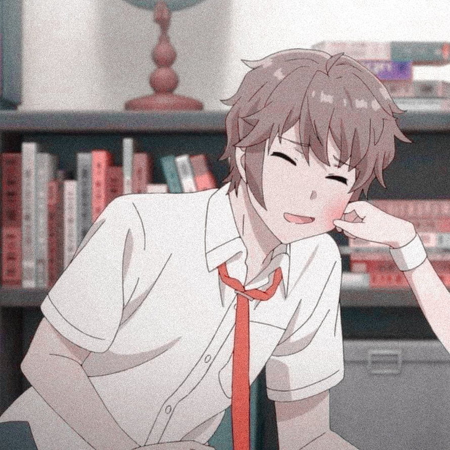 Smiling Anime Boy in School Uniform Leaning in Library with Bookshelves HD phone wallpaper