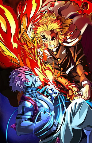Rengoku and Akaza Intense Battle Scene from Demon Slayer Anime HD phone wallpaper