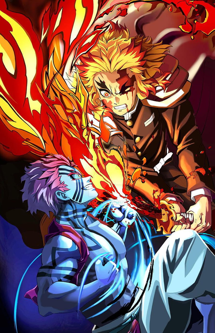 Rengoku and Akaza Intense Battle Scene from Demon Slayer Anime HD phone wallpaper