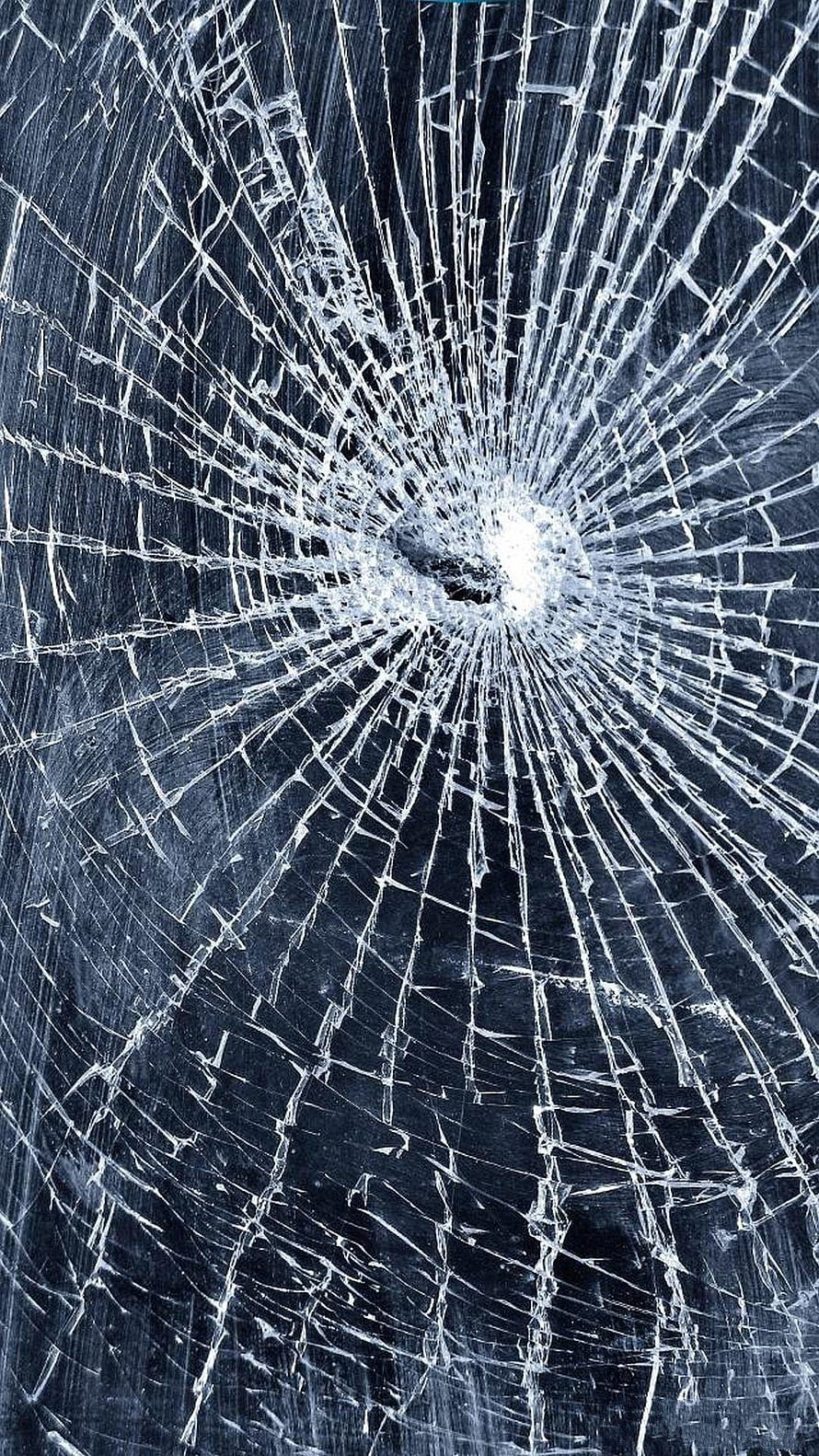 Shattered Glass Texture With Radiating Fracture Lines On Dark Blue Background HD phone wallpaper
