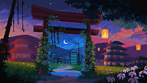 Pixel Art Japanese Village at Night with Torii Gate and Glowing Lanterns HD wallpaper