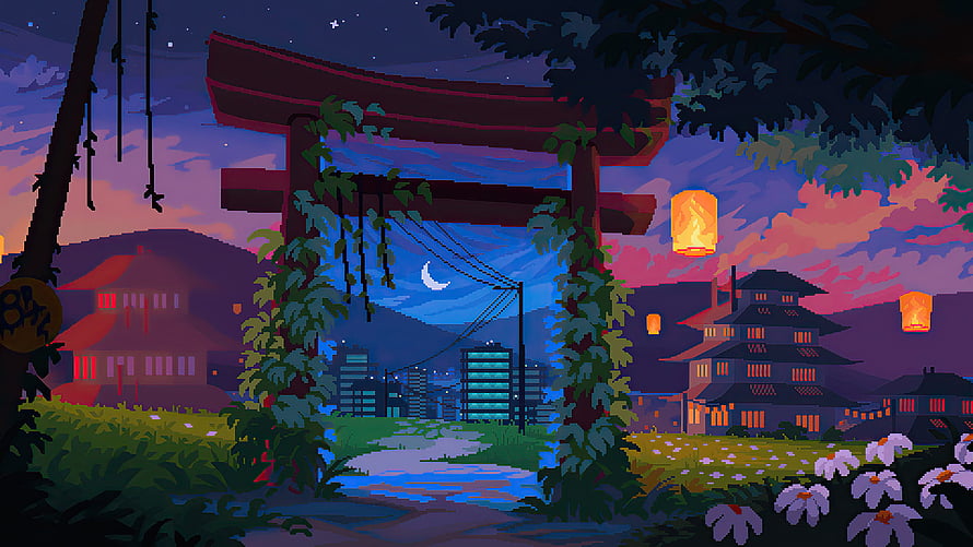 Pixel Art Japanese Village at Night with Torii Gate and Glowing Lanterns HD wallpaper