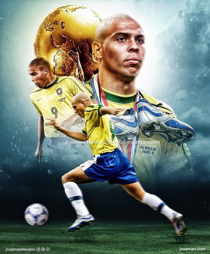 Ronaldo Nazário de Lima in Brazil 1998 World Cup Kit with Golden Ball and Trophy HD phone wallpaper