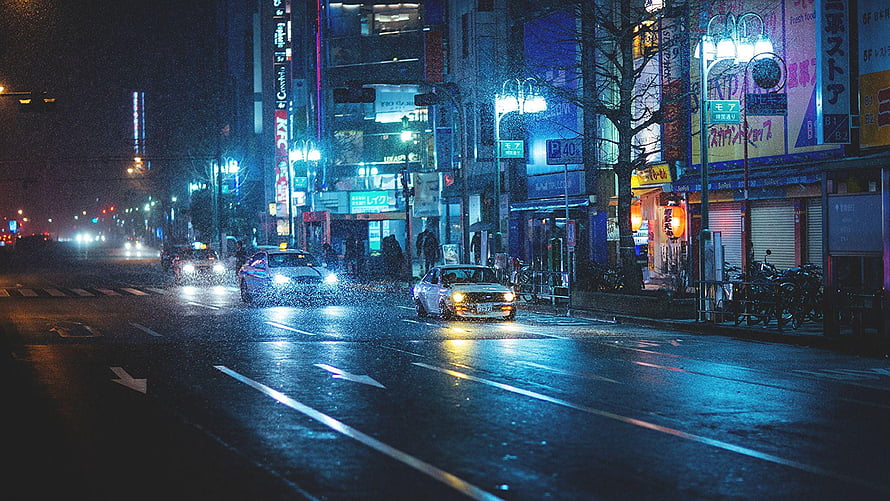 Rainy Night Street Scene in Japan with Neon Signs and Wet Asphalt HD wallpaper