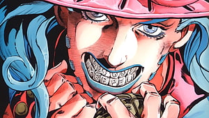 Gyro Zeppeli from JoJo's Bizarre Adventure Part 7 in a dramatic close-up with blue hair and pink hat HD wallpaper