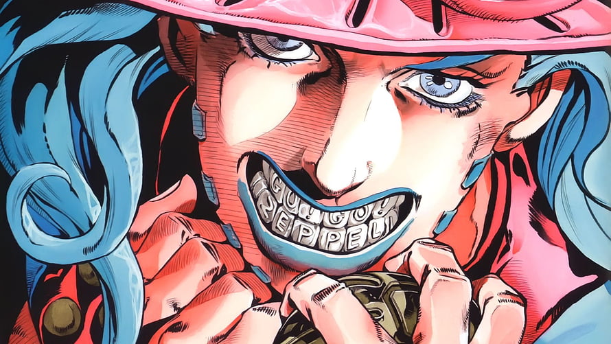 Gyro Zeppeli from JoJo's Bizarre Adventure Part 7 in a dramatic close-up with blue hair and pink hat HD wallpaper