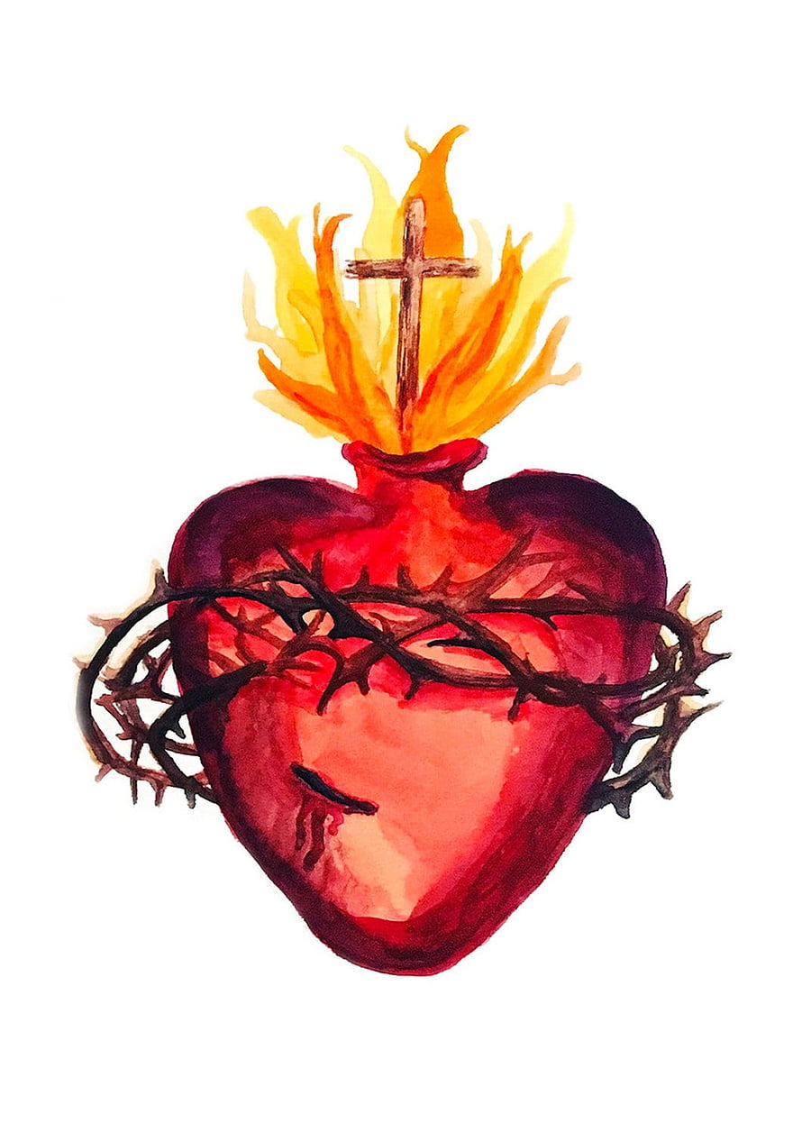 Sacred Heart of Jesus Watercolor Illustration with Crown of Thorns and Flame HD phone wallpaper