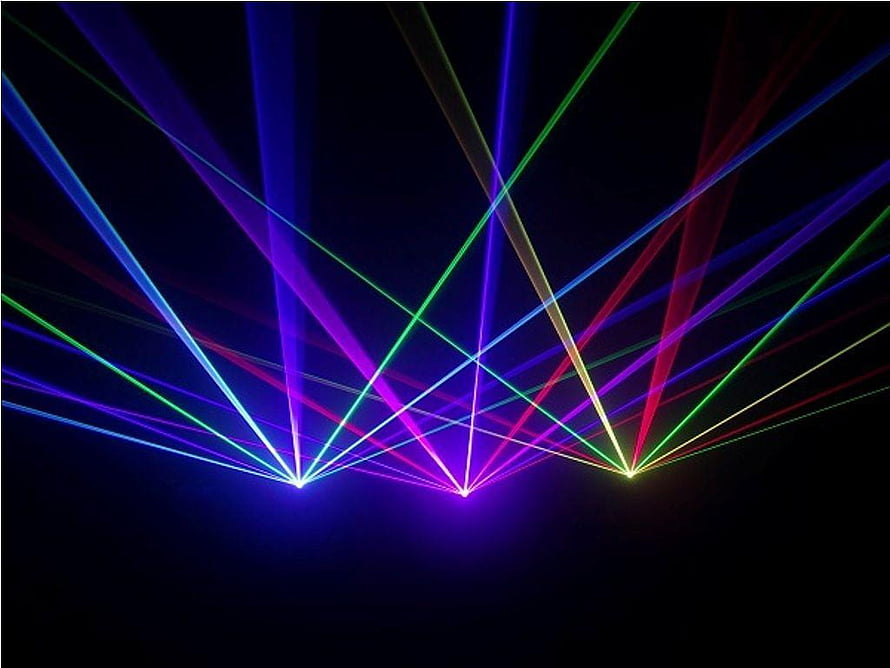 Vibrant multicolored laser beams radiating from three points against a dark background HD wallpaper