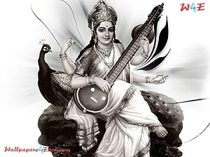 Mata Saraswati Playing Veena with Peacock in Traditional Indian Art HD wallpaper