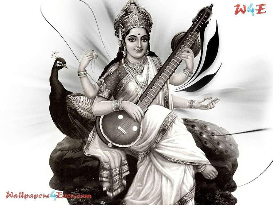 Mata Saraswati Playing Veena with Peacock in Traditional Indian Art HD wallpaper