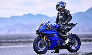 Rider on a Blue Yamaha R6 Sportbike on a Mountain Road HD wallpaper