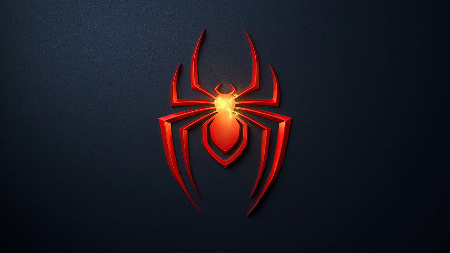 Spider-Man Miles Morales Glowing Red Spider Emblem on Dark Navy Background HD wallpaper