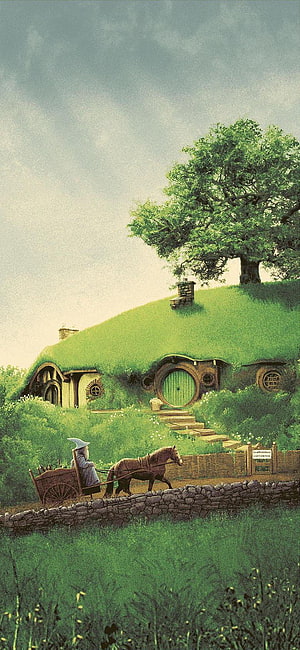 The Shire Hobbiton Cottage with Wizard and Horse in Lord of the Rings Fantasy Landscape HD phone wallpaper