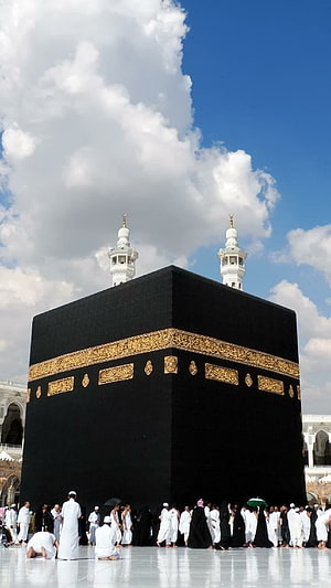 The Sacred Kaaba in Mecca with Pilgrims Performing Tawaf Under a Blue Sky HD phone wallpaper