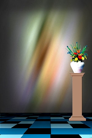 Minimalist Studio Scene with Colorful Floral Arrangement on Pedestal HD phone wallpaper