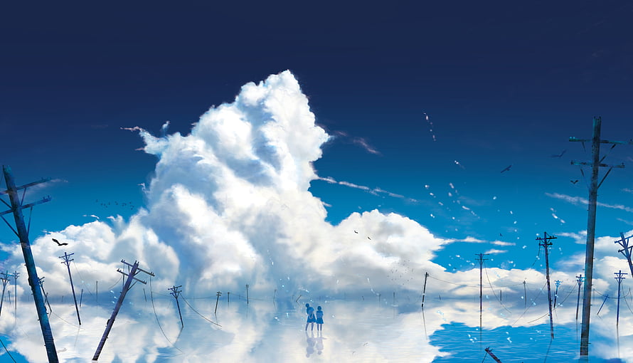 Surreal Anime Landscape With Two Figures Standing Among Tilted Utility Poles Under a Dramatic Cloud Formation HD wallpaper