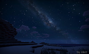 Minecraft Winter Night Sky with Milky Way and Snowy Blocky Terrain HD wallpaper