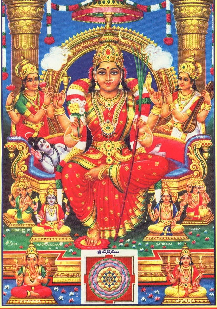 Lalitha Devi Hindu Goddess Temple Artwork with Lakshmi and Vani HD phone wallpaper