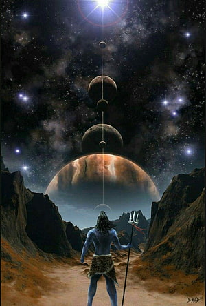 Cosmic Shiva Standing in Canyon with Aligned Planets and Starry Sky HD phone wallpaper