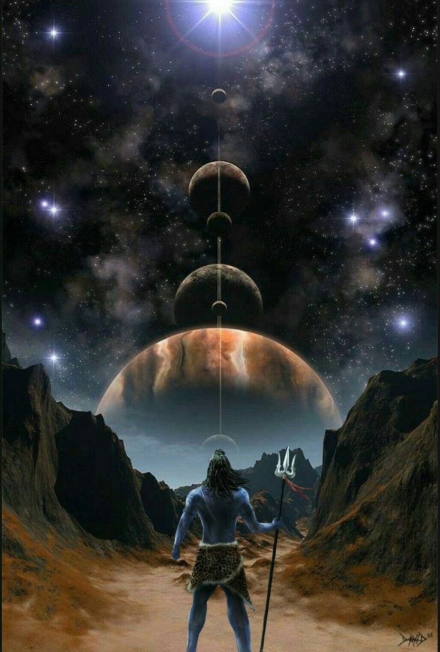 Cosmic Shiva Standing in Canyon with Aligned Planets and Starry Sky HD phone wallpaper