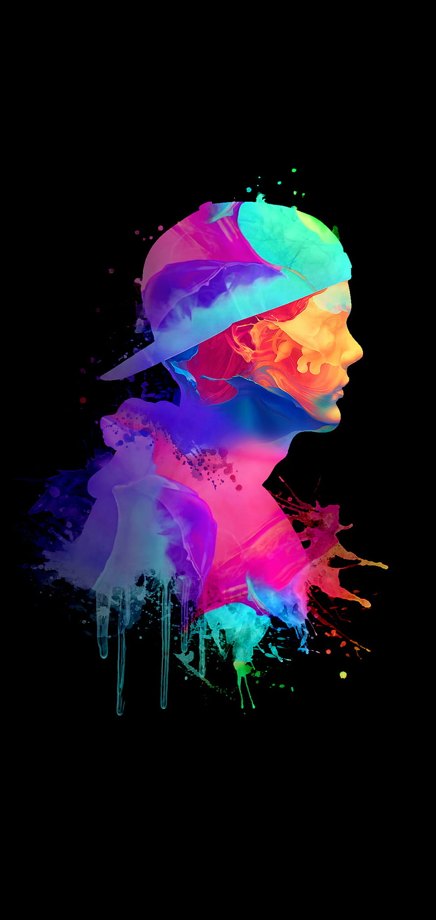 Vibrant Neon Paint Splash Portrait of a Man Wearing a Cap on Black Background HD phone wallpaper