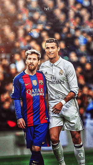 Lionel Messi and Cristiano Ronaldo on the pitch in their club kits HD phone wallpaper