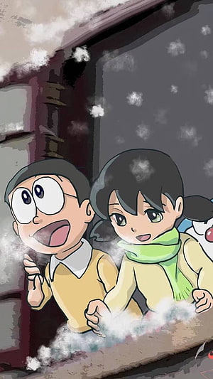 Nobita and Shizuka from Doraemon in a Snowy Winter Scene HD phone wallpaper