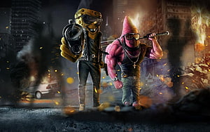 SpongeBob and Patrick Star in gritty gangster style with weapons in a burning city HD wallpaper