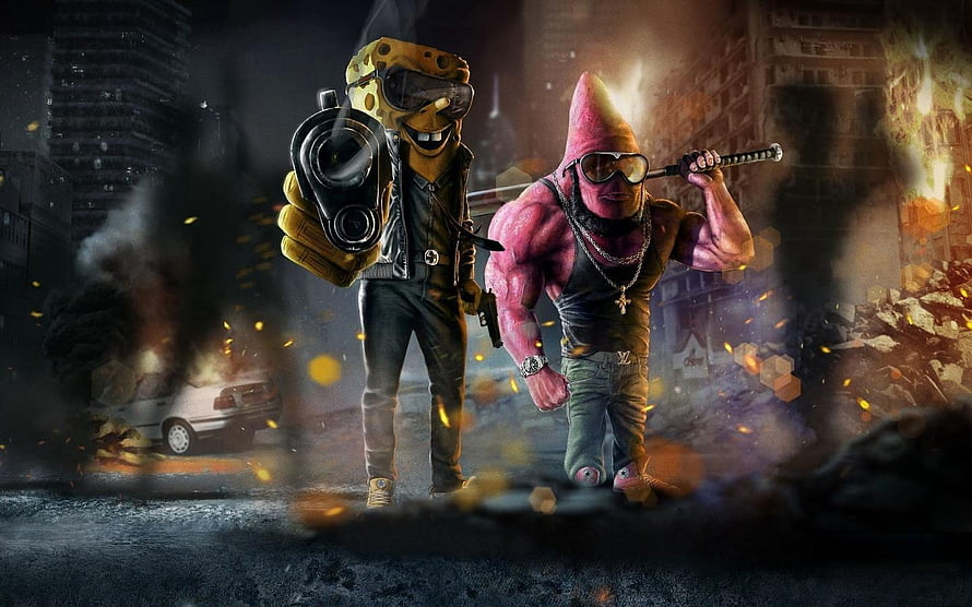 SpongeBob and Patrick Star in gritty gangster style with weapons in a burning city HD wallpaper