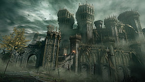 Elden Ring Castle Ruins Under Stormy Sky with Bats and Mist HD wallpaper