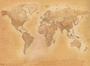 Vintage World Map with Antique Sepia Tones and Detailed Continental Geography HD wallpaper
