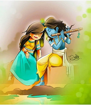 Radha and Krishna Playing Flute in a Serene Pastoral Landscape HD phone wallpaper