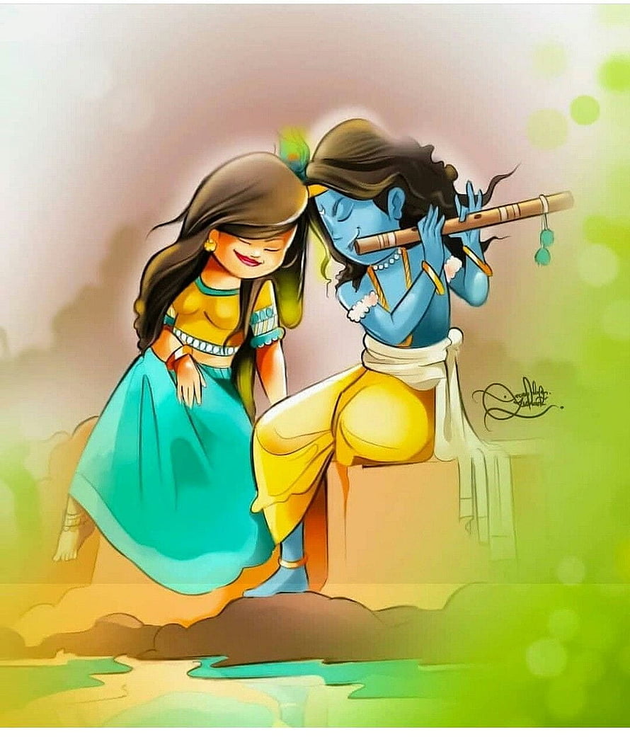 Radha and Krishna Playing Flute in a Serene Pastoral Landscape HD phone wallpaper