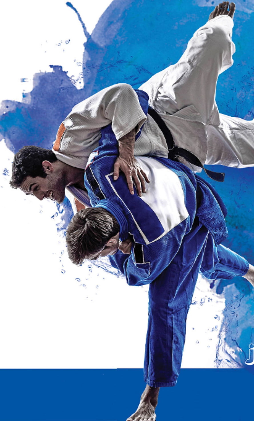 Dynamic Judo Throw Action Shot with Blue Water Splash Background HD phone wallpaper