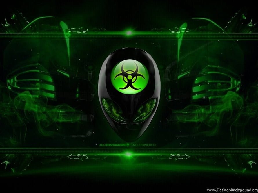 Alienware Glowing Green Alien Mask with Biohazard Symbol on Dark Background HD wallpaper