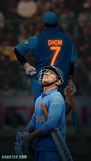 MS Dhoni Cricket Player in India Blue Jersey Holding SunRiders Bat HD phone wallpaper