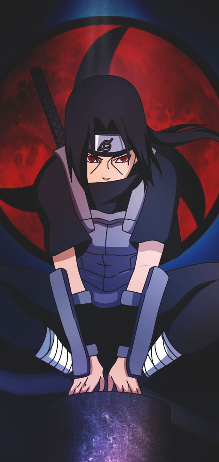 Sasuke Uchiha Crouching Before a Blood Moon in Dark Anime Style HD phone wallpaper