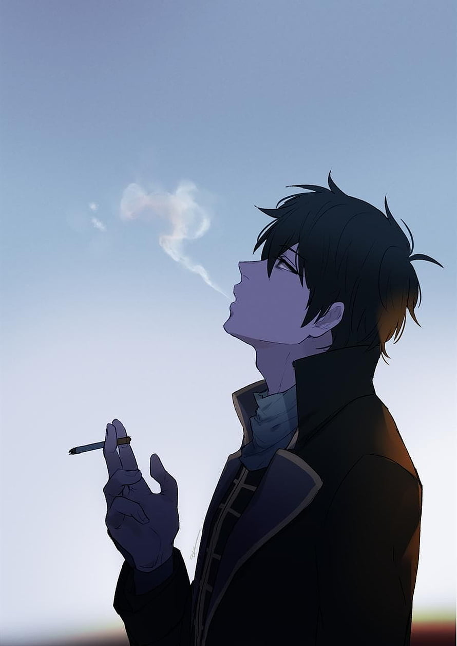 Anime Boy Smoking Cigarette Against a Soft Blue Sky HD phone wallpaper