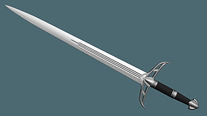 Detailed 3D Render of a Silver Longsword with Black Handle and Ornate Crossguard HD wallpaper