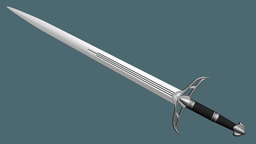 Detailed 3D Render of a Silver Longsword with Black Handle and Ornate Crossguard HD wallpaper