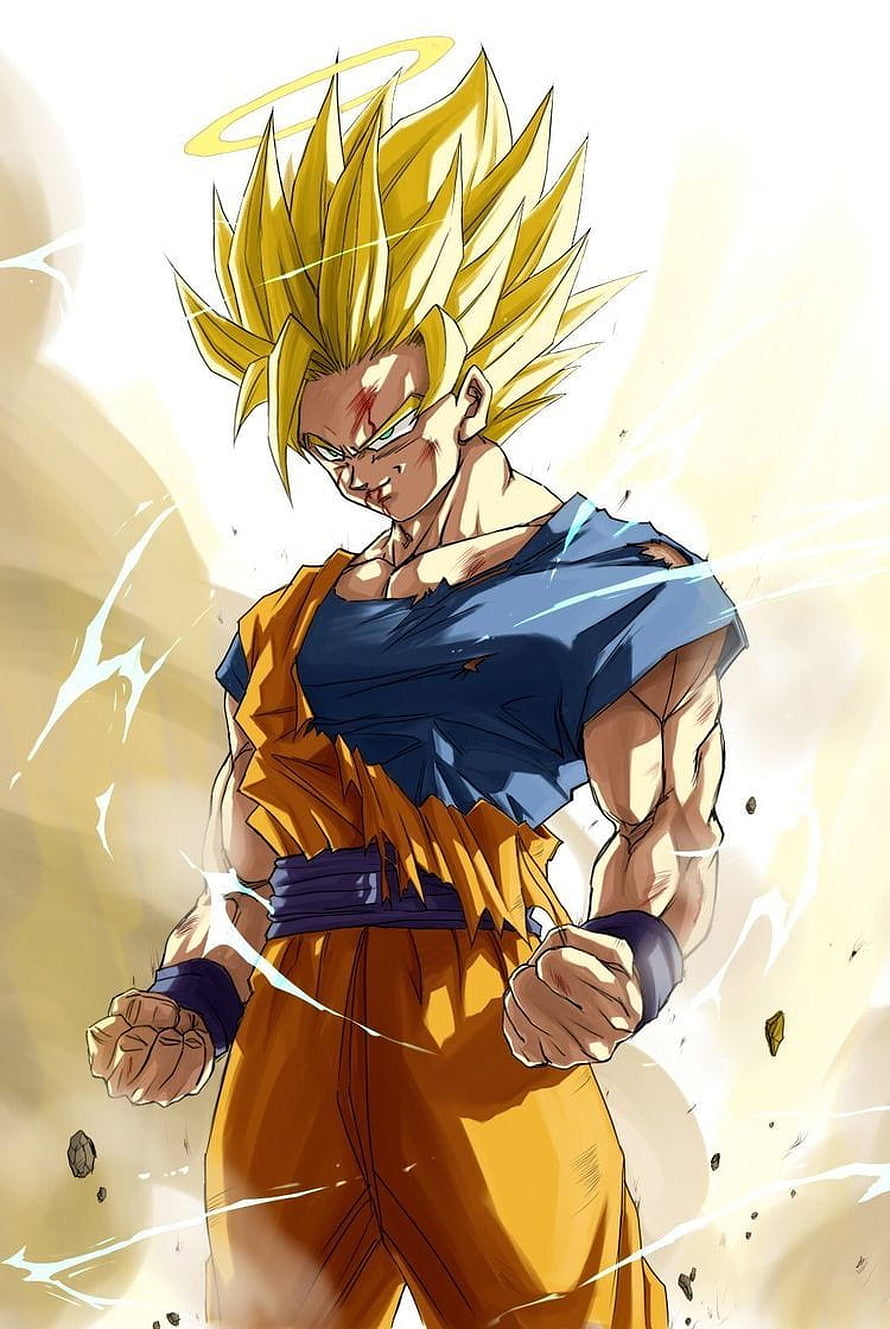 Super Saiyan 2 Goku Anime Character with Golden Aura and Battle Wounds HD phone wallpaper